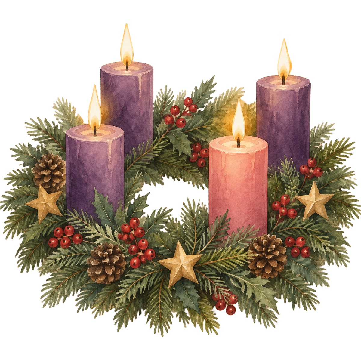 Illustrated Advent wreath with four lit candles